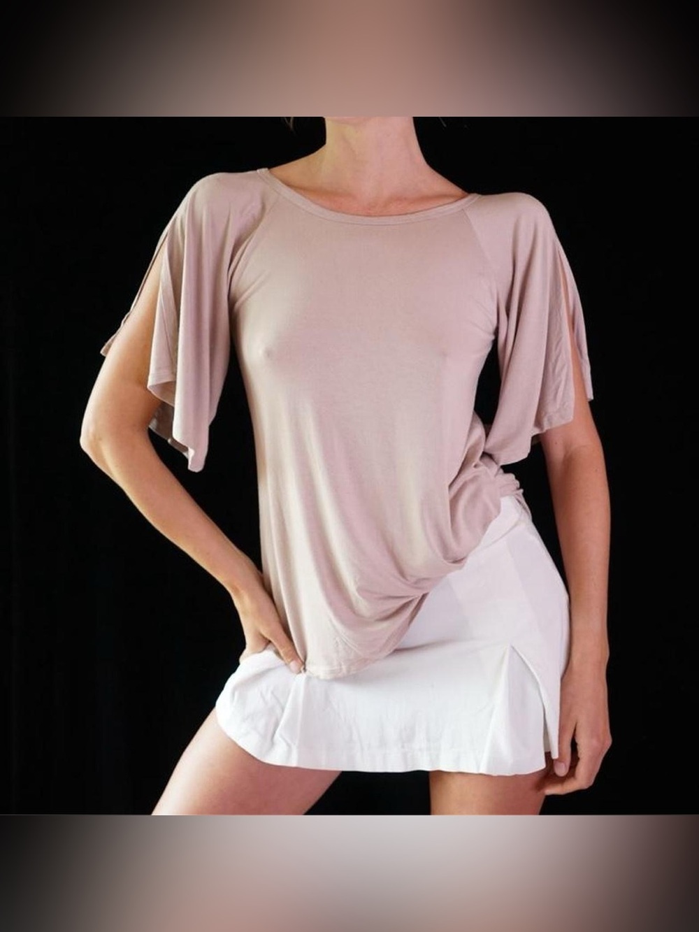 Women’s Flutter Sleeve Asymmetrical Drape Top in Pale Tan Karen Kane